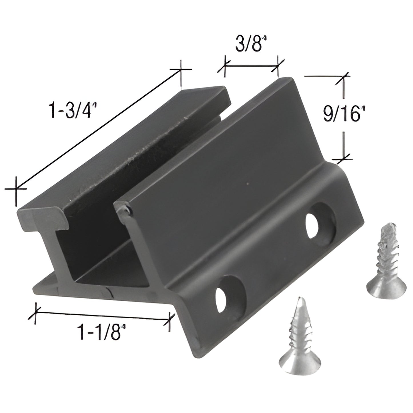 DK6938 black bottom guide for frameless sliding shower doors, aluminum extrusion for 3/8" (10mm) glass with mounting screws.