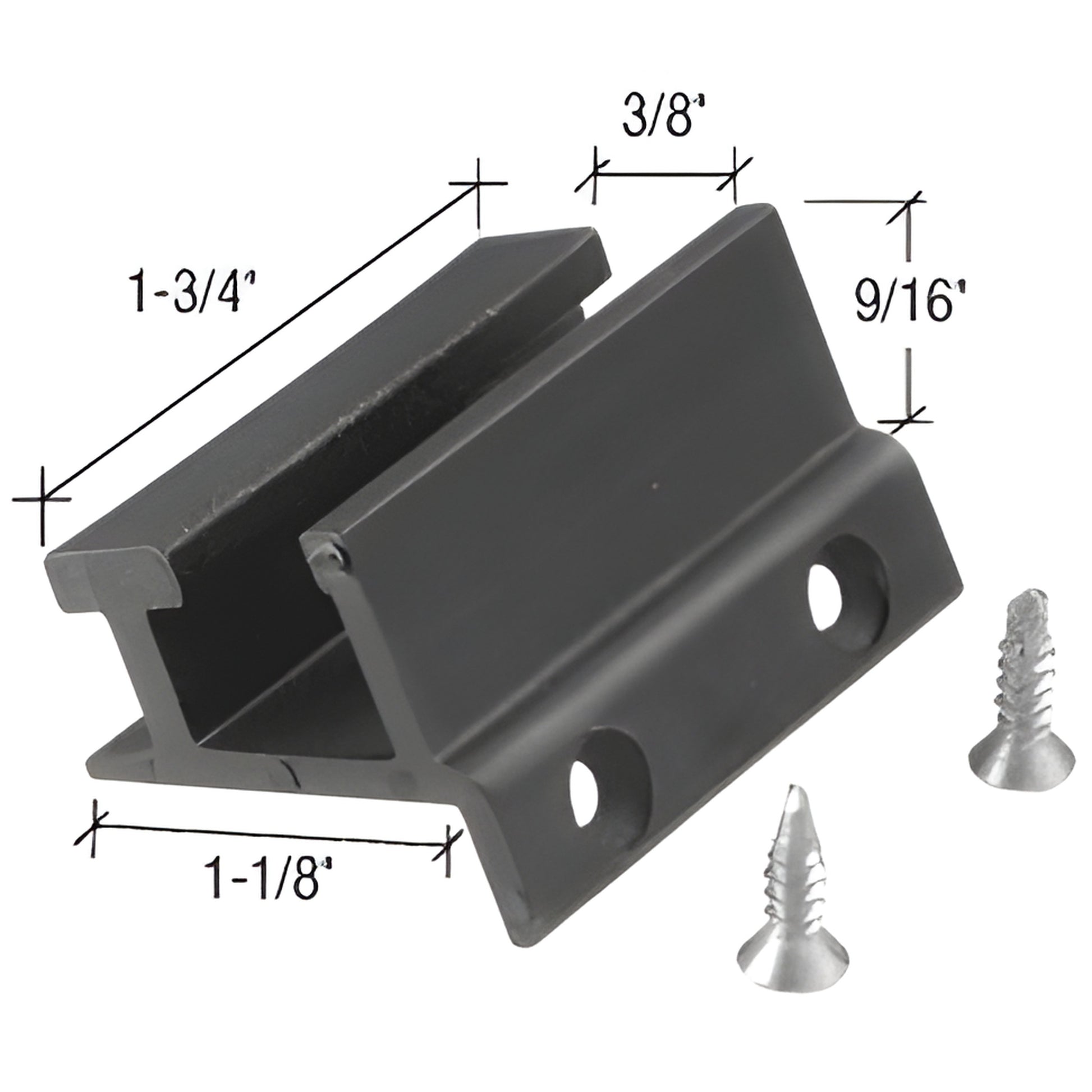 DK6938 black bottom guide for frameless sliding shower doors, aluminum extrusion for 3/8" (10mm) glass with mounting screws.
