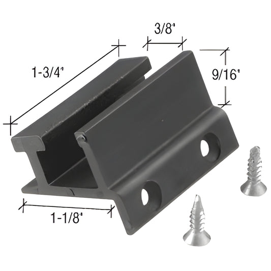 DK6938 black bottom guide for frameless sliding shower doors, aluminum extrusion for 3/8" (10mm) glass with mounting screws.
