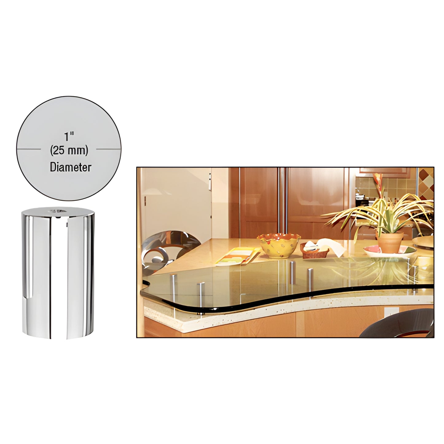 Polished 316 stainless 1" diameter standoff, 2" length, for glass mounting - shown on a kitchen glass counter. SKU S0B102PS