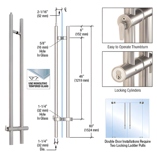 60" brushed 316 stainless upward-locking ladder pull for glass doors (LLPUA60BS) with ADA thumbturn and locking cylinder.