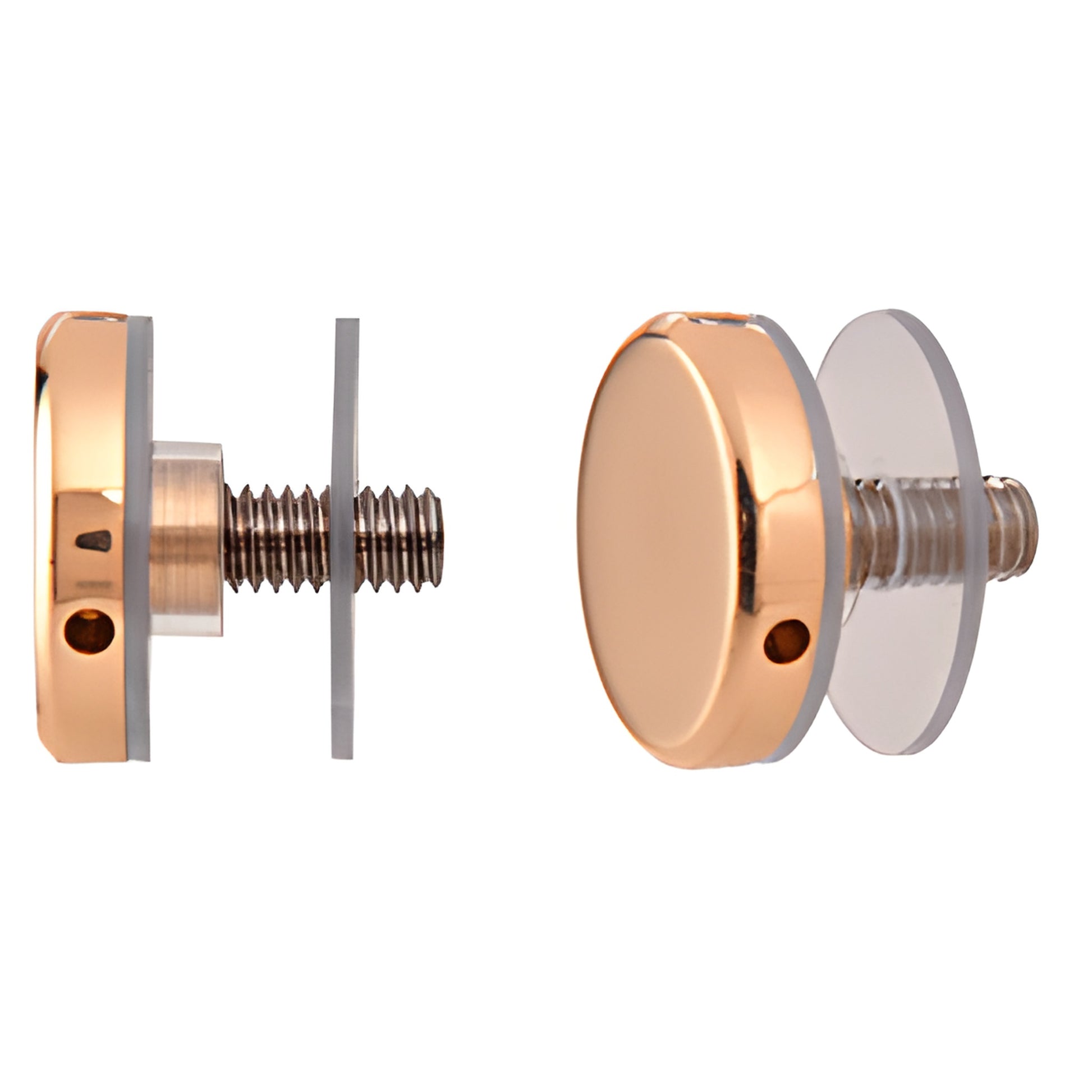 Polished brass 1-1/4" standoff cap assembly (SKU CAP114BR) with screw, vinyl sleeve and washers for glass mounting.