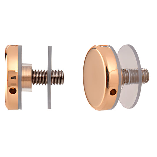 Polished brass 1-1/4" standoff cap assembly (SKU CAP114BR) with screw, vinyl sleeve and washers for glass mounting.