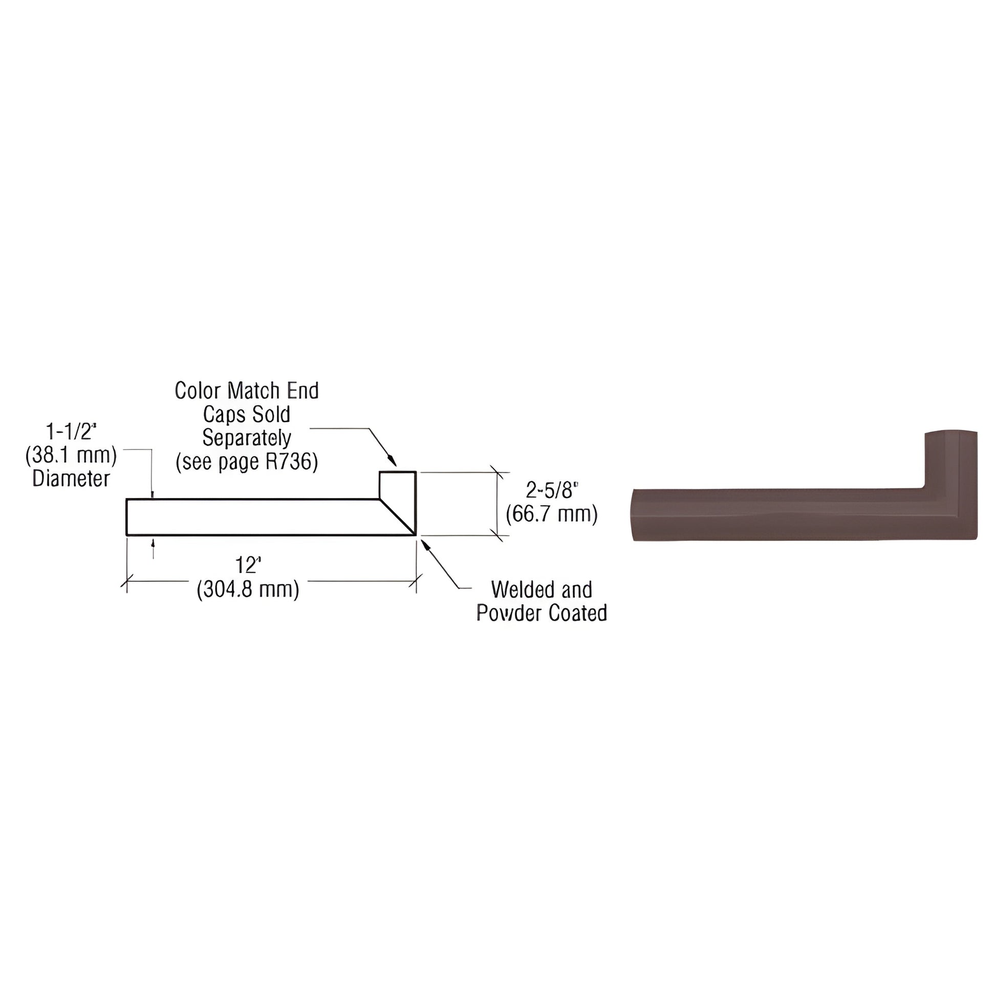 Matte bronze 90 aluminum wall return for 1-1/2" handrail, 12" long side (SKU ARWR1BRZ)