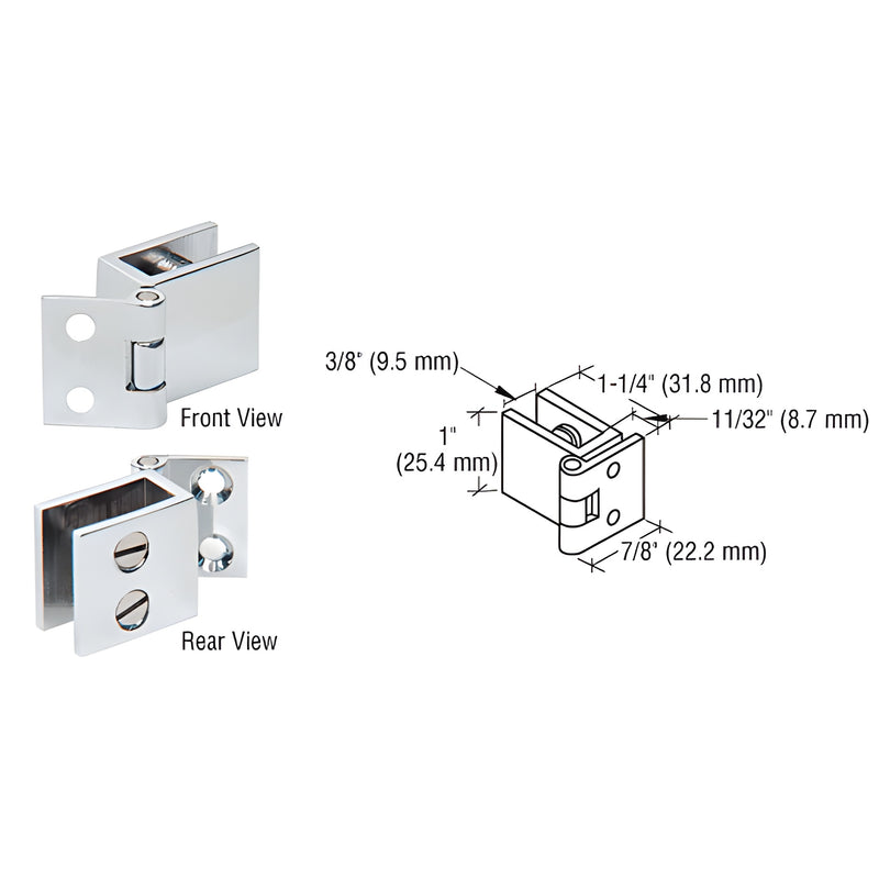 Polished chrome brass glass-to-wall hinge (SKU EH72), no-drill, fits 1/4-5/16" tempered glass, 1" high, 2-pack