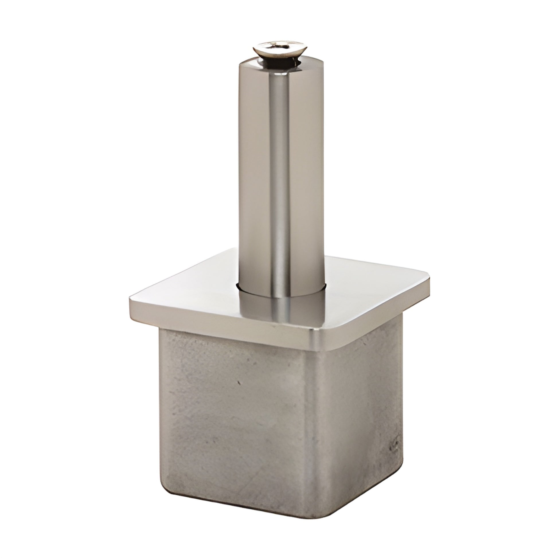 Brushed stainless steel adjustable P1-Series post cap (SKU P1VFBS) with vertical stem and square top for 2" posts