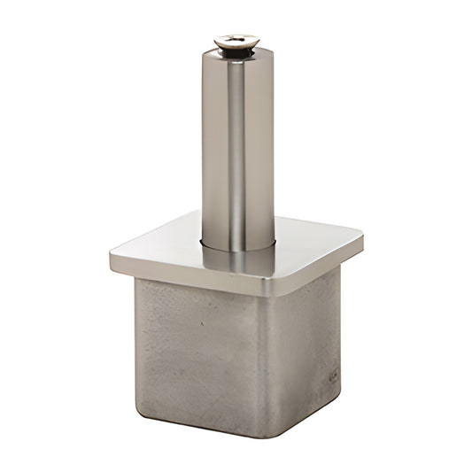 Brushed stainless steel adjustable P1-Series post cap (SKU P1VFBS) with vertical stem and square top for 2" posts