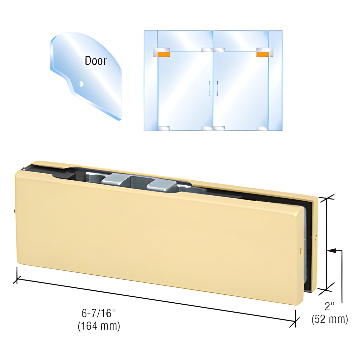 Satin brass adjustable top door patch fitting PH20CSB for 3/8-1/2" tempered glass, 2 3/4" pivot setback.