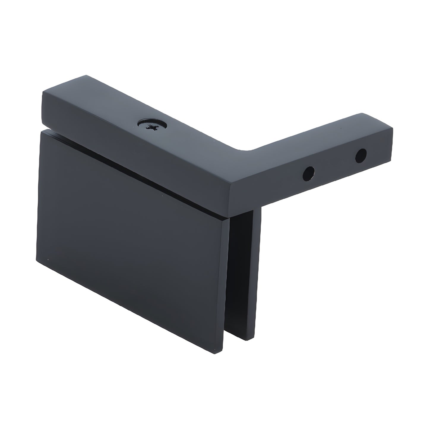 Matte black squared Cardiff pivot hinge (SKU CAR05RMBL) for 8-10mm frameless shower glass, right-hand wall-mount.