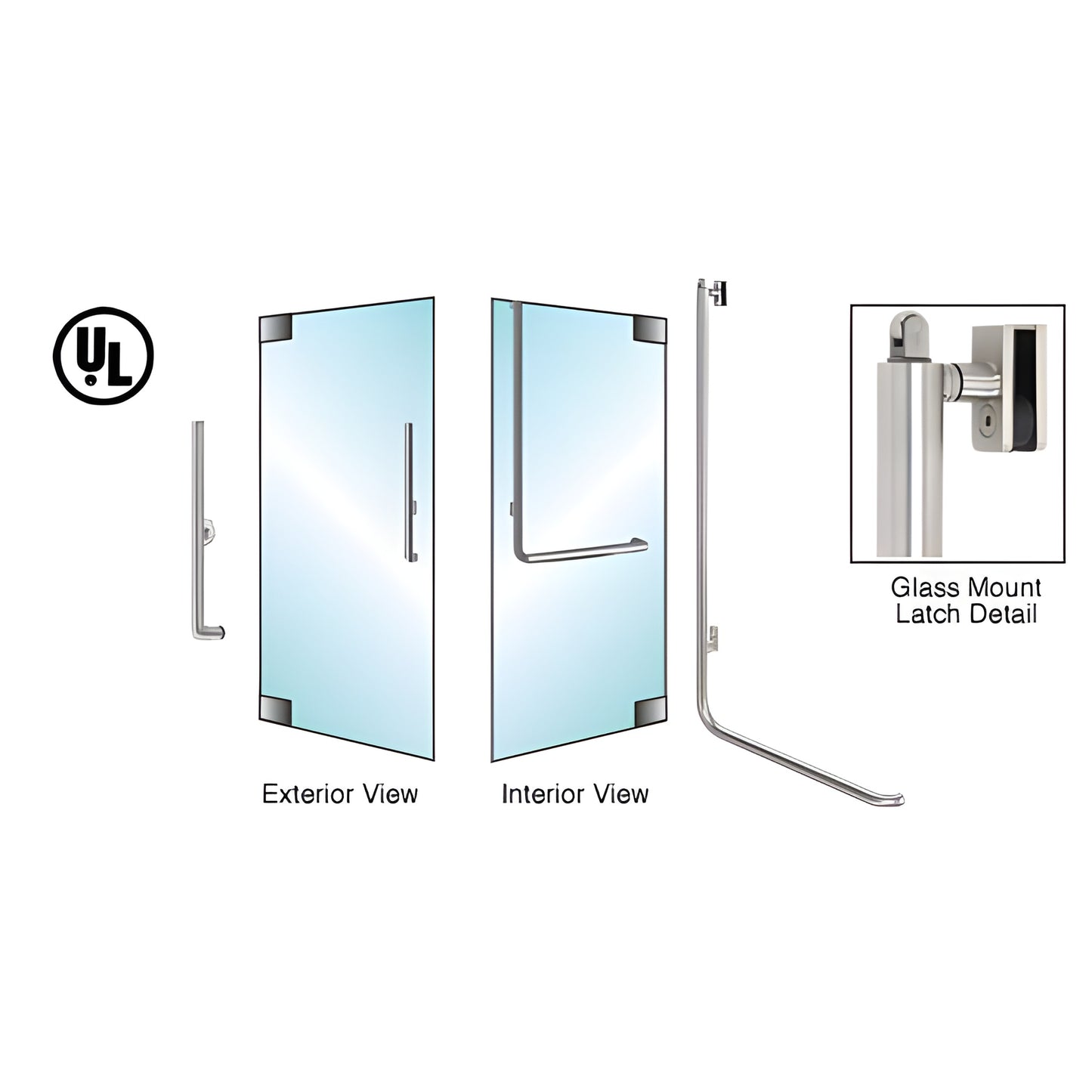 Brushed stainless PA100 panic handle for all-glass doors, exterior keyed, UL certified-exterior/interior and latch detail vie