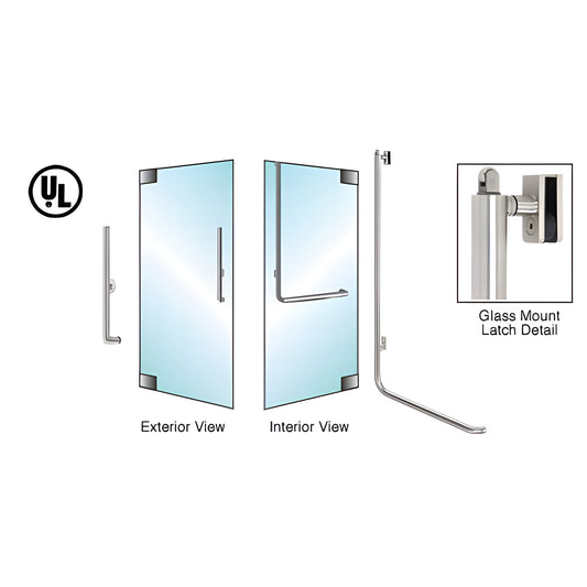 Brushed stainless PA100 panic handle for all-glass doors, exterior keyed, UL certified-exterior/interior and latch detail vie