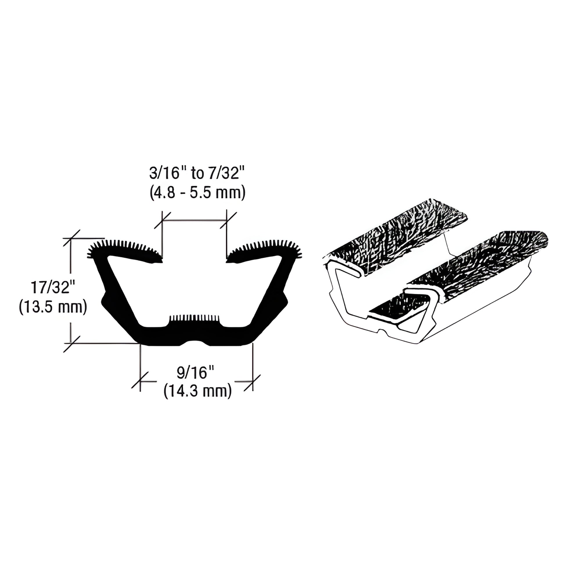 AS126496 black electrostatic-flocked all-rubber window channel cross-section, 96" length, fits 3/16-7/32" glass, ~13 mm high.