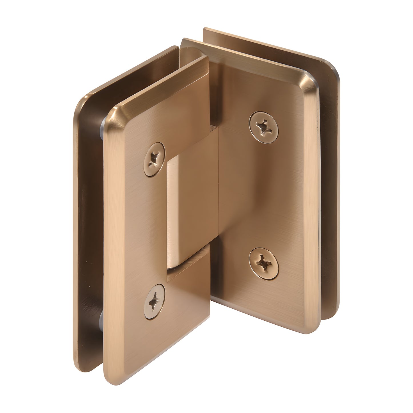 Dark brushed bronze solid brass 90 Cologne glass to glass shower hinge (SKU C0L092DBBZ), beveled, self centering.