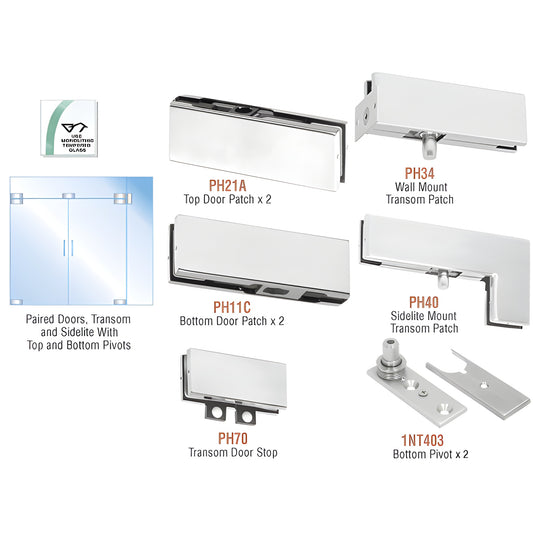 CRL PHE7A European double-door pivot hardware kit, satin anodized patches, pivots and transom parts for 3/8 or 1/2 in. glass
