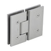 Brushed nickel 180 glass-to-glass frameless shower hinge, square profile for 10-12mm tempered glass. SKU VCT180BN