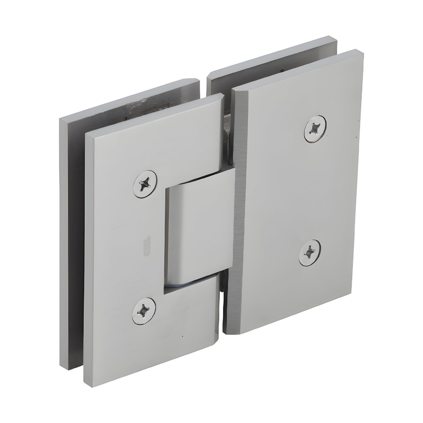 Brushed nickel 180 glass-to-glass frameless shower hinge, square profile for 10-12mm tempered glass. SKU VCT180BN