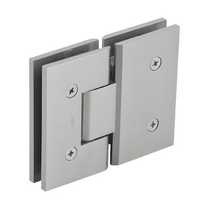 Brushed nickel 180 glass-to-glass frameless shower hinge, square profile for 10-12mm tempered glass. SKU VCT180BN
