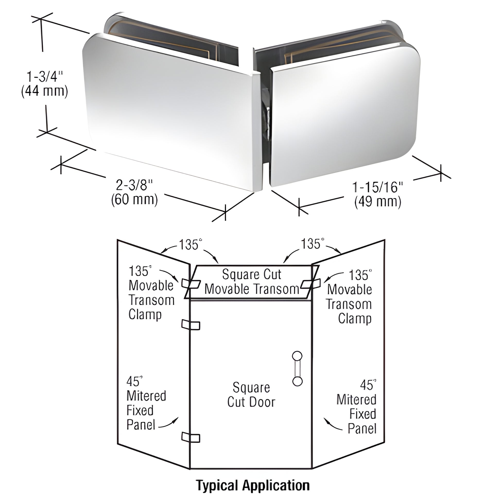 Polished chrome brass movable transom clamp (GCB335CH) for 135 glass-to-glass shower, fits 8-12mm tempered glass.