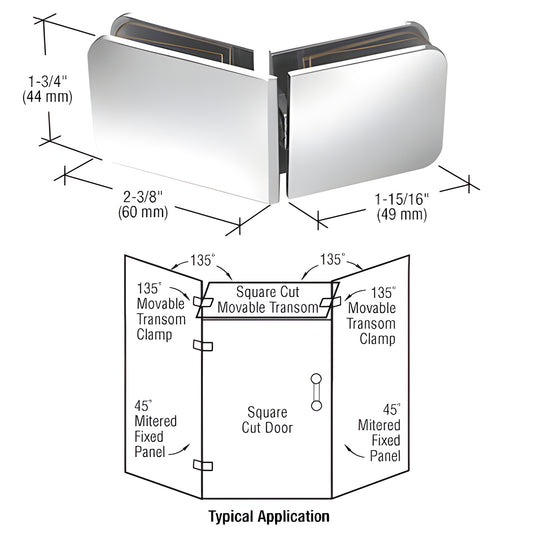 Polished chrome brass movable transom clamp (GCB335CH) for 135 glass-to-glass shower, fits 8-12mm tempered glass.