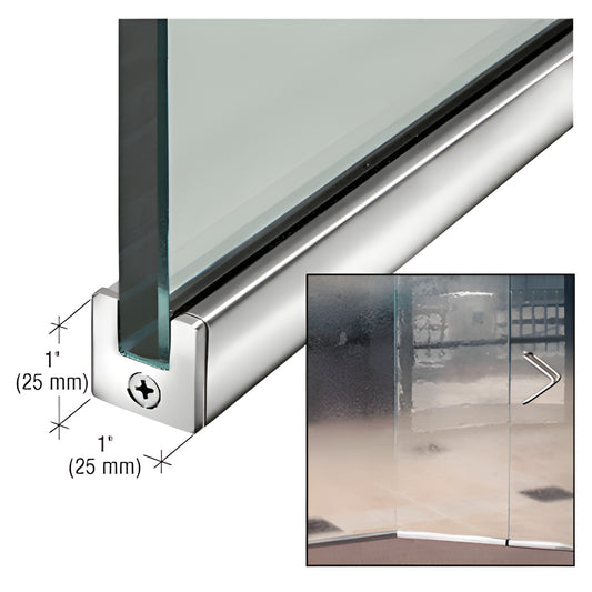 SP25PS12C polished stainless steel slender 1 in (25 mm) door rail for 1/2 in (12 mm) glass - corner channel with visible scre