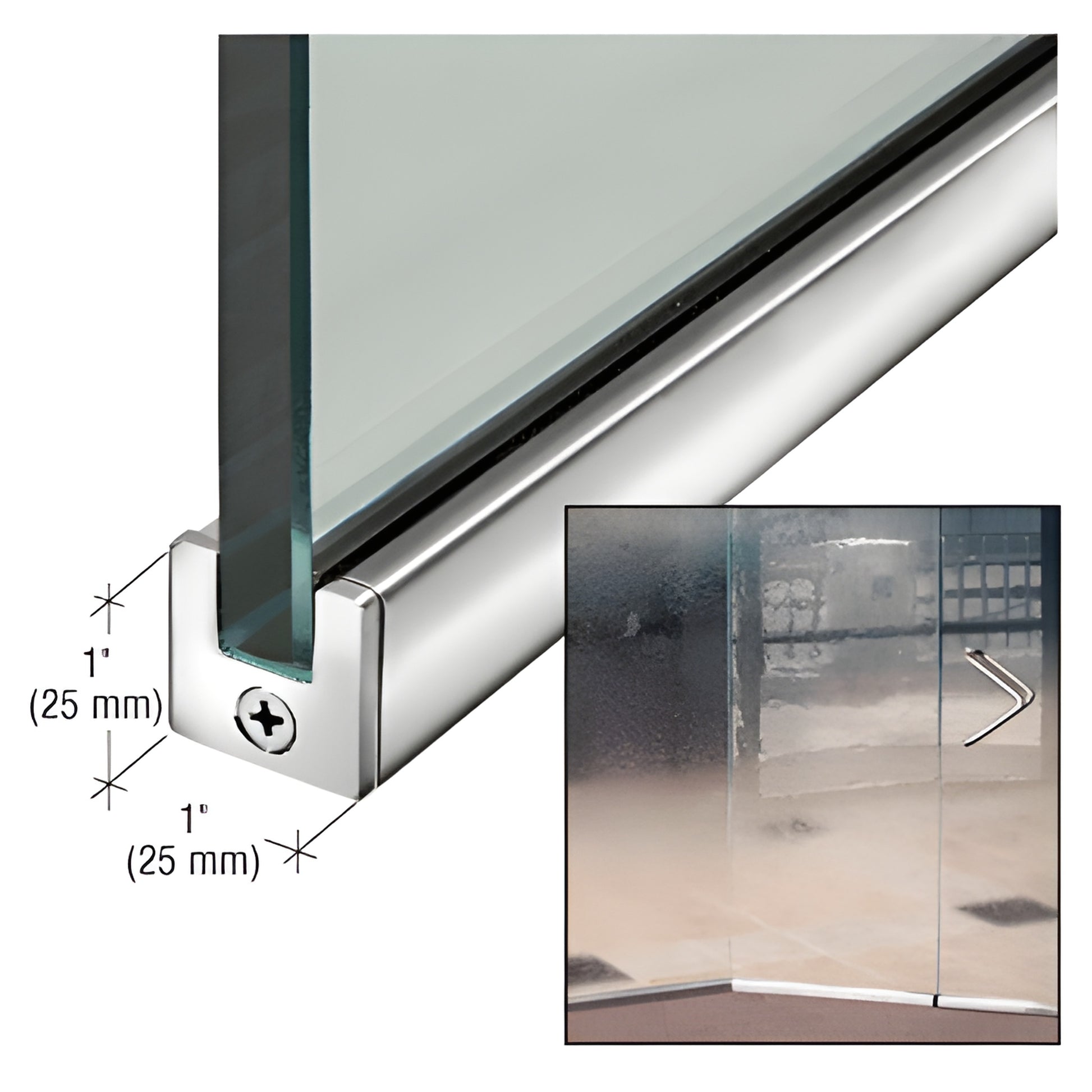 Polished stainless steel slender 1 in. door rail for 1/2 in. (12 mm) tempered glass display doors, SKU SP25PS12S
