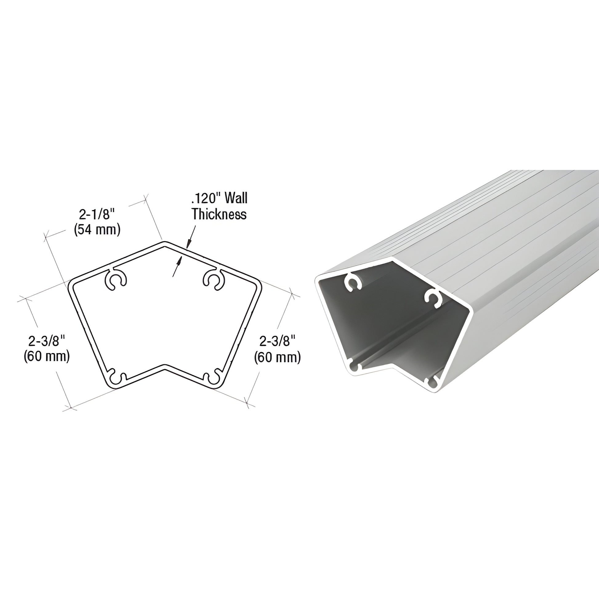 CRL 135 aluminum post, silver metallic, 49 in cut-to-size pentagonal profile showing cross-section and dimensions. SKU 1P548