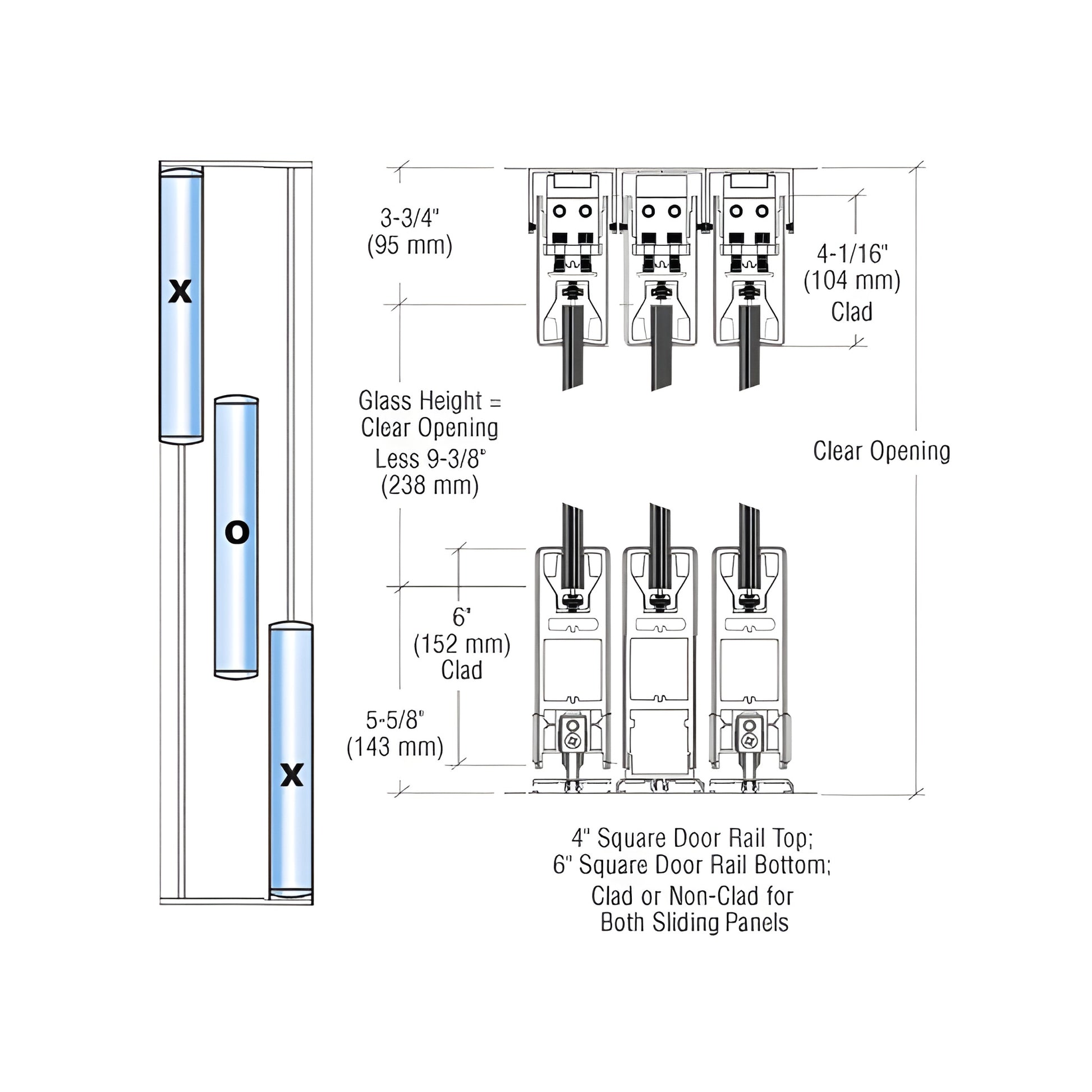 Technical drawing of CRL SDR bottom-rolling 3-panel (XOX) sliding glass door system, gloss black rails, 4" top/6" bottom