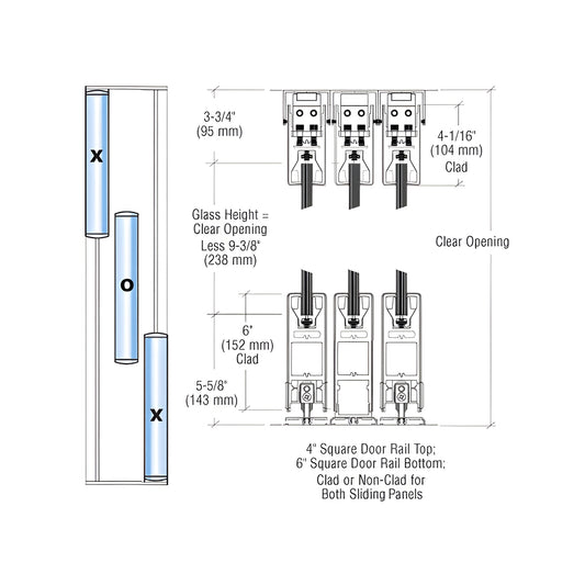 Technical drawing of CRL SDR bottom-rolling 3-panel (XOX) sliding glass door system, gloss black rails, 4" top/6" bottom