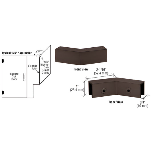 Oil rubbed bronze solid brass sleeve-over glass clamp, 135 corner for 8-12mm tempered glass (SKU S0GC1350RB)
