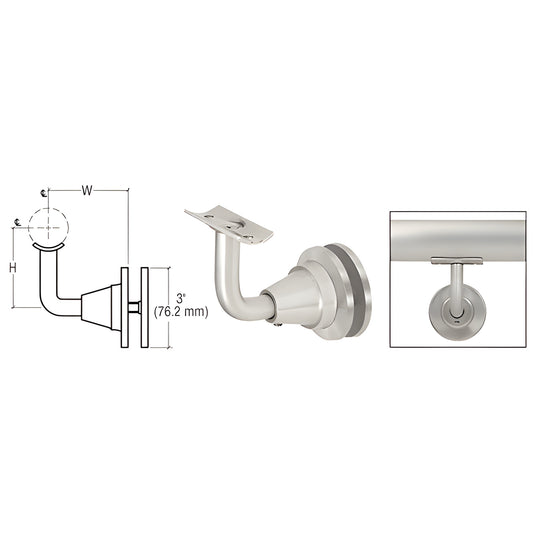 HR2DGBS brushed stainless glass-mounted adjustable handrail bracket, fits 1.5-2 tubing, includes mounting disc