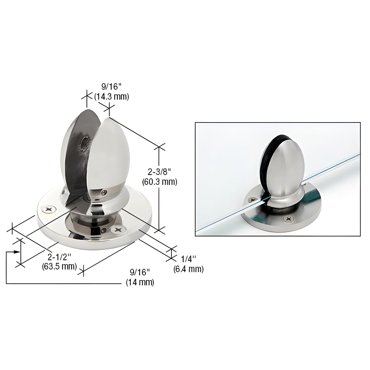 VPC12PS polished 316 stainless steel panel clamp for 1/2 in (12 mm) glass, round base with mounting screws visible.
