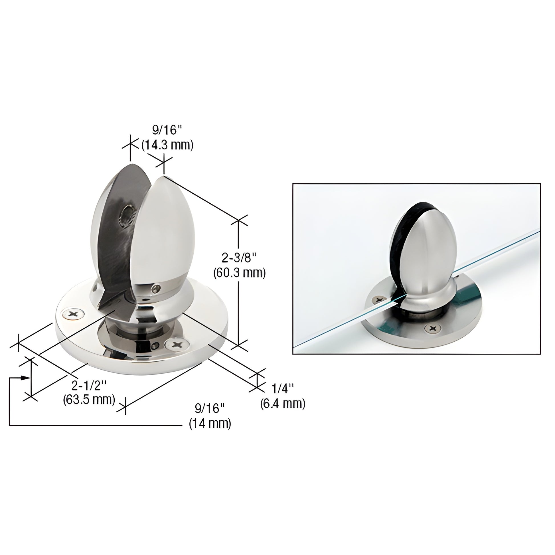 VPC12PS polished 316 stainless steel panel clamp for 1/2 in (12 mm) glass, round base with mounting screws visible.
