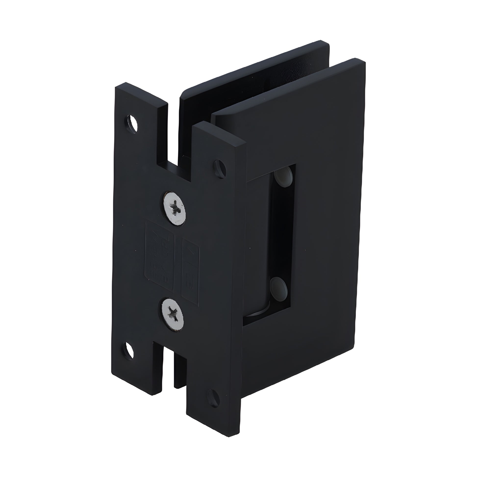 Matte black Vienna H-shaped wall mounting plate hinge for 12mm glass shower doors, SKU V1EH037MBL.