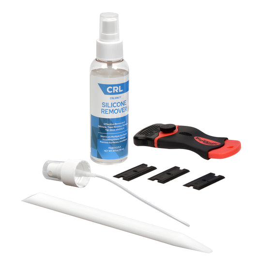 CRL silicone and adhesive remover kit 8 oz spray with scraper, three plastic blades and a plastic trim bone - SKU CRLSRK1T