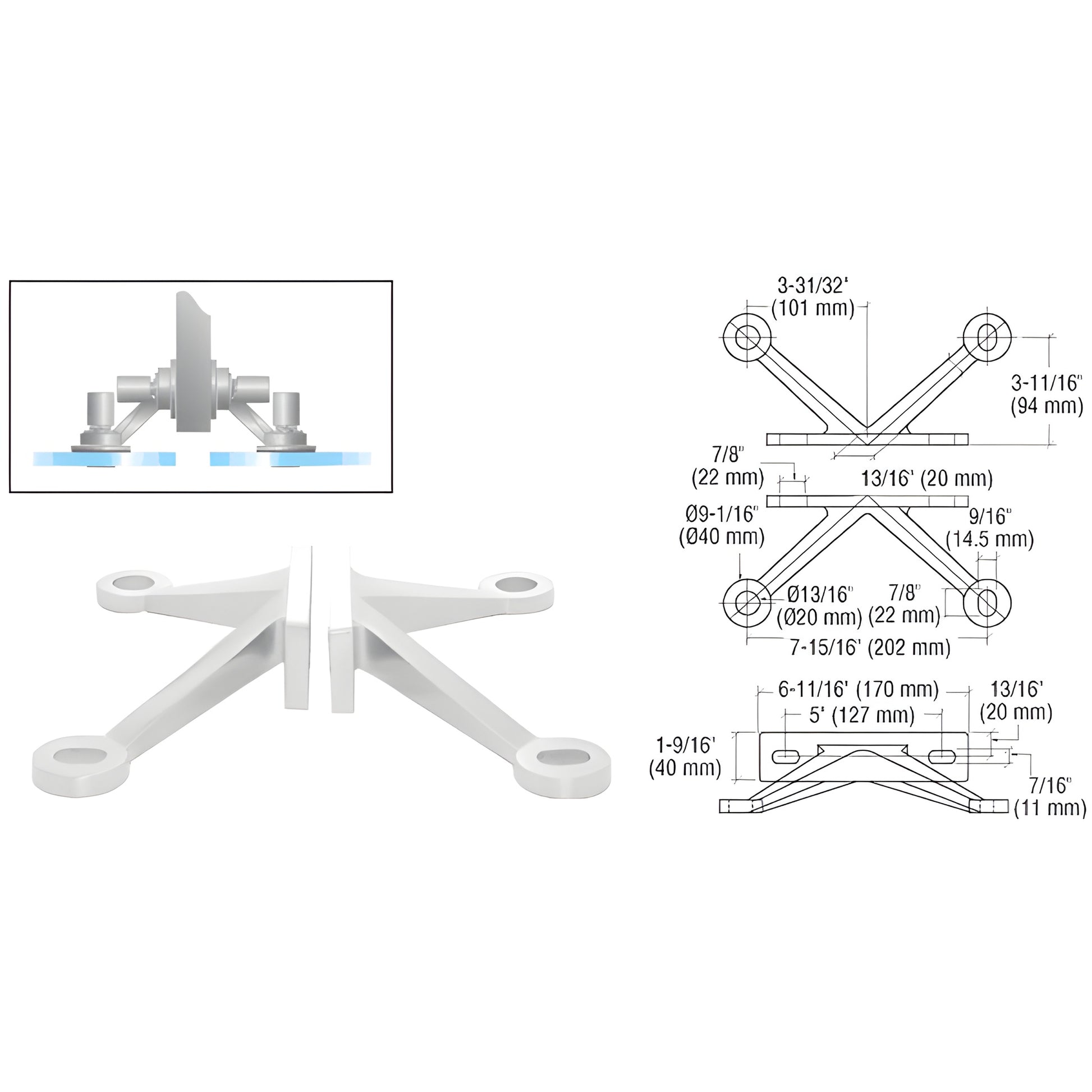 CRL FMH4PS stainless steel four-arm fitting for glass-to-fin, mounts two 27mm tempered glass panels, hardware included