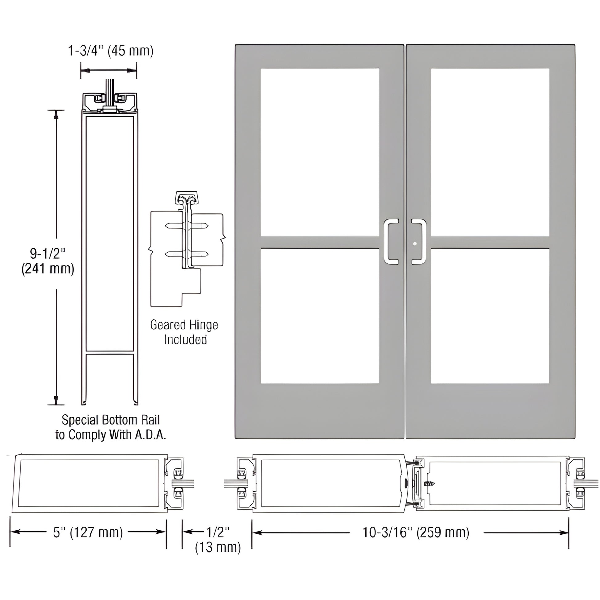 Double commercial glass entrance door, clear anodized finish, 5" stiles, 9.5" ADA bottom rail, fits 1/4" tempered glass.