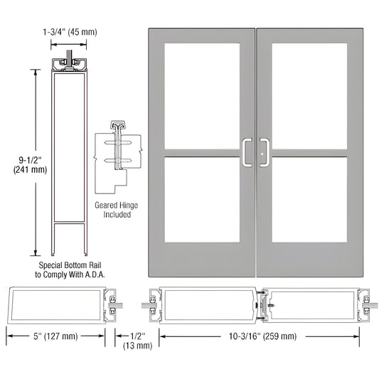 Double commercial glass entrance door, clear anodized finish, 5" stiles, 9.5" ADA bottom rail, fits 1/4" tempered glass.