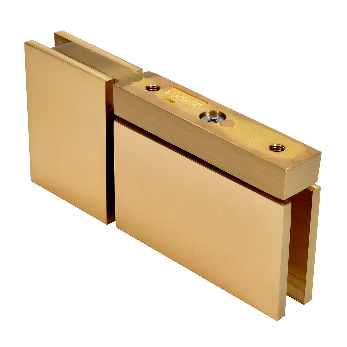 CAR07SB satin brass squared pivot hinge for 8-10mm glass shower door, solid brass, head-and-sill U-clamp design.