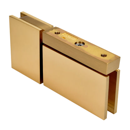 CAR07SB satin brass squared pivot hinge for 8-10mm glass shower door, solid brass, head-and-sill U-clamp design.