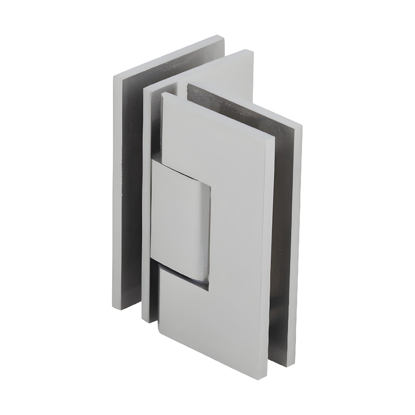 Brushed nickel square Vienna glass-to-glass shower hinge, brass, 90 self-centering (SKU V1E092BN)