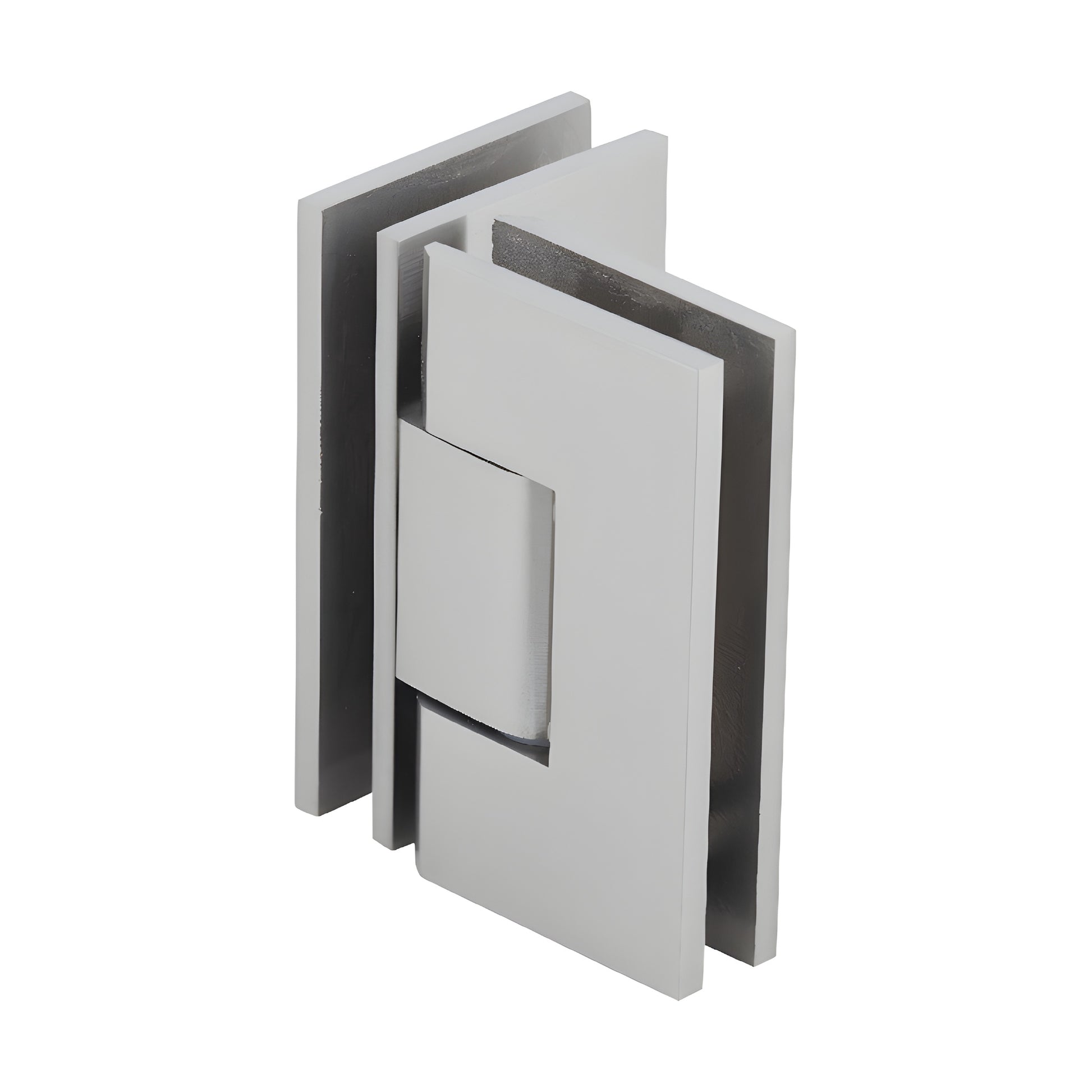 Brushed nickel square Vienna glass-to-glass shower hinge, brass, 90 self-centering (SKU V1E092BN)