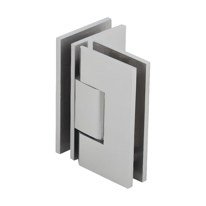 Brushed nickel square Vienna glass-to-glass shower hinge, brass, 90 self-centering (SKU V1E092BN)