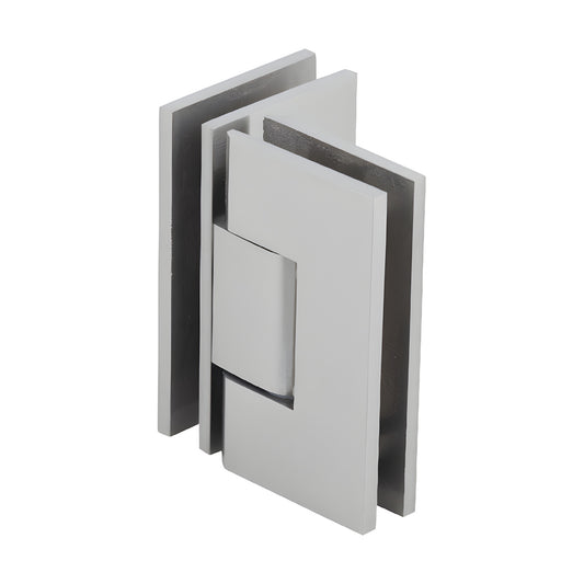 Brushed nickel square Vienna glass-to-glass shower hinge, brass, 90 self-centering (SKU V1E092BN)