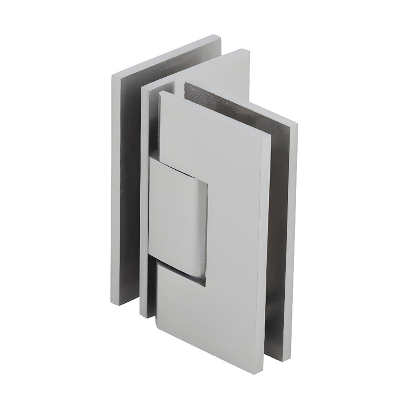 Brushed nickel square Vienna glass-to-glass shower hinge, brass, 90 self-centering (SKU V1E092BN)