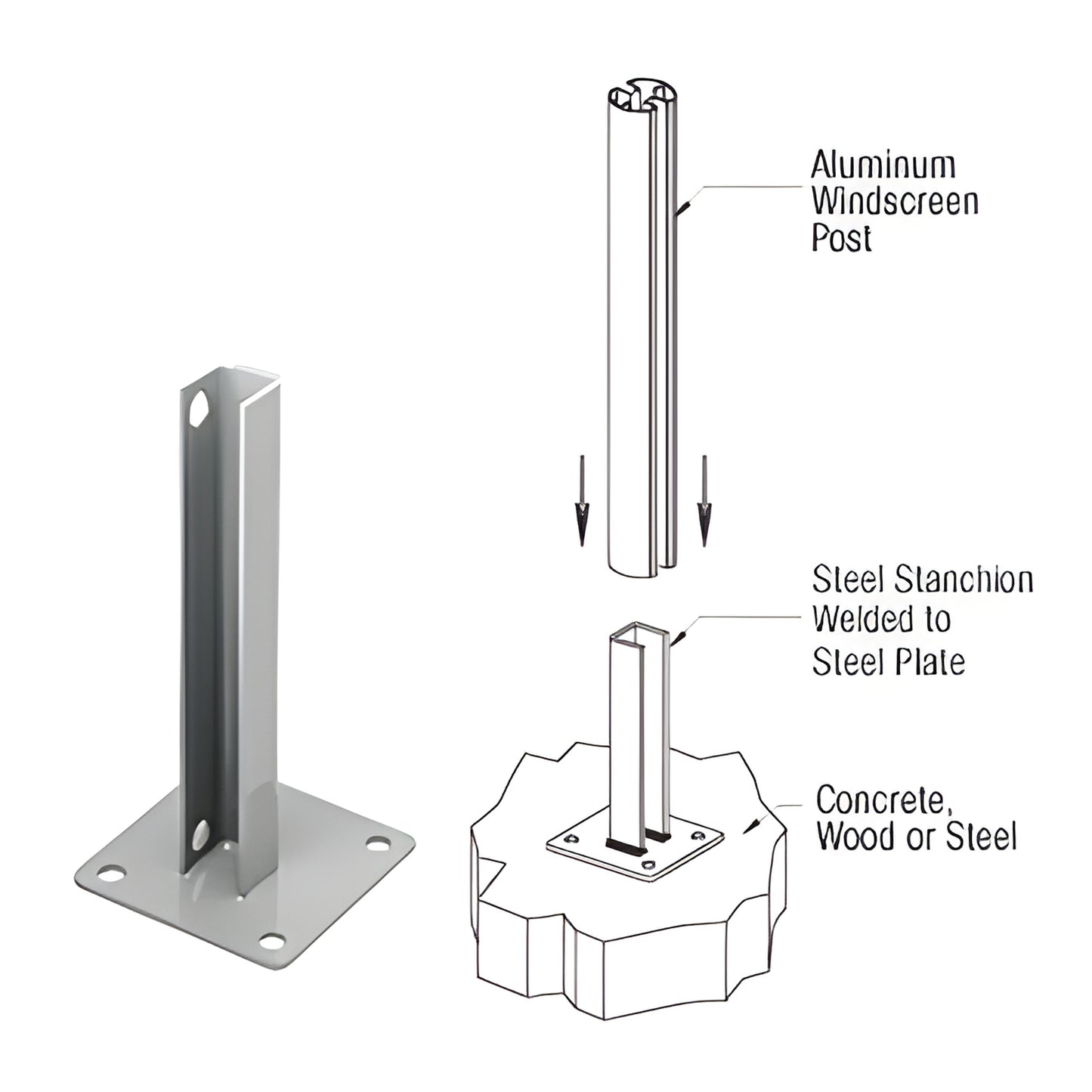 PSB5AS: silver powder coated welded steel stanchion with 5 5in base plate, four anchor holes, 12in tall, surface mount