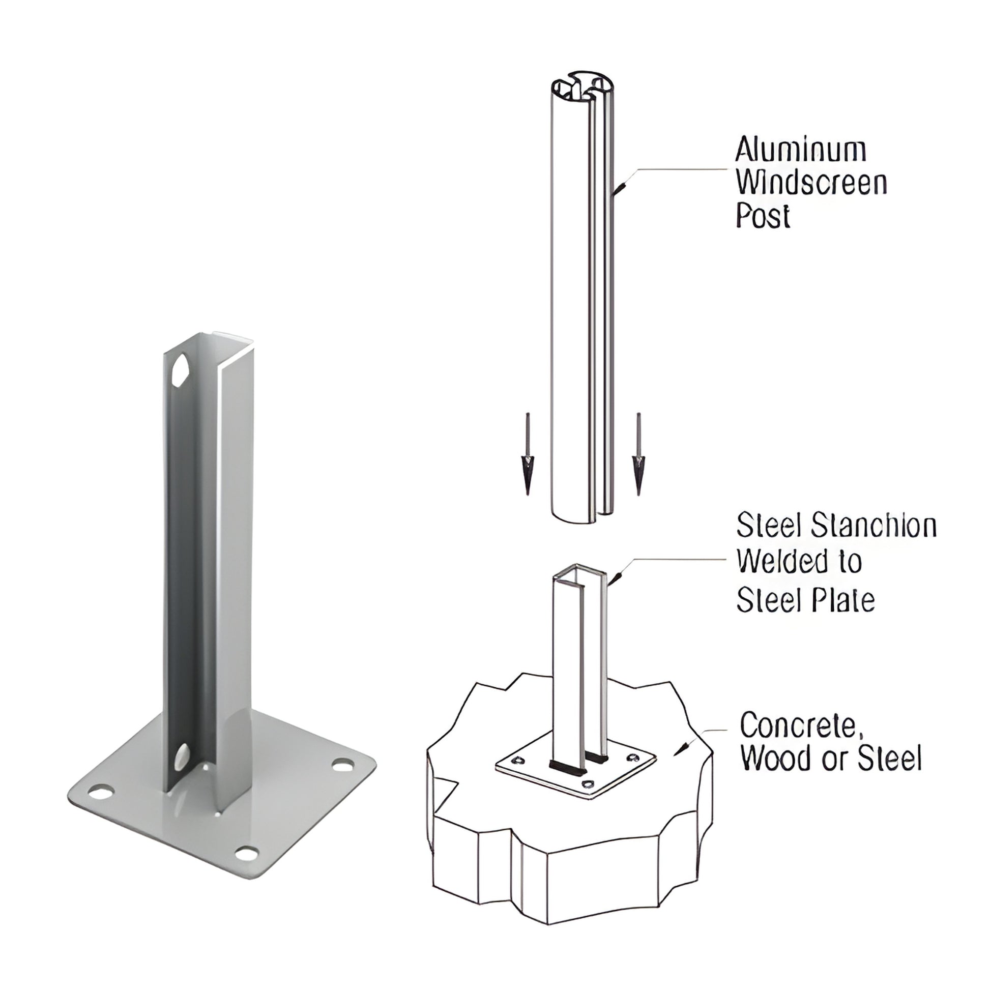 PSB5AS: silver powder coated welded steel stanchion with 5 5in base plate, four anchor holes, 12in tall, surface mount