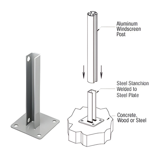 PSB5AS: silver powder coated welded steel stanchion with 5 5in base plate, four anchor holes, 12in tall, surface mount