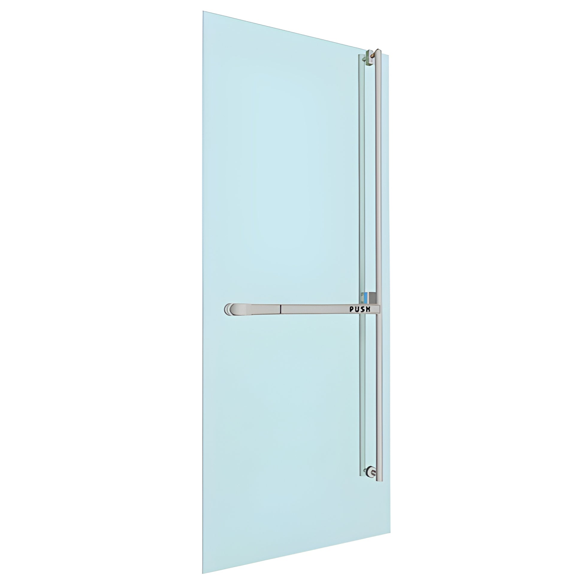 Brushed stainless Blumcraft PA-310 panic bar and vertical pull mounted on glass door, right-hand, keyable exterior