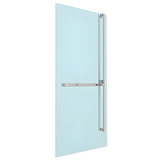 Brushed stainless Blumcraft PA-310 panic bar and vertical pull mounted on glass door, right-hand, keyable exterior