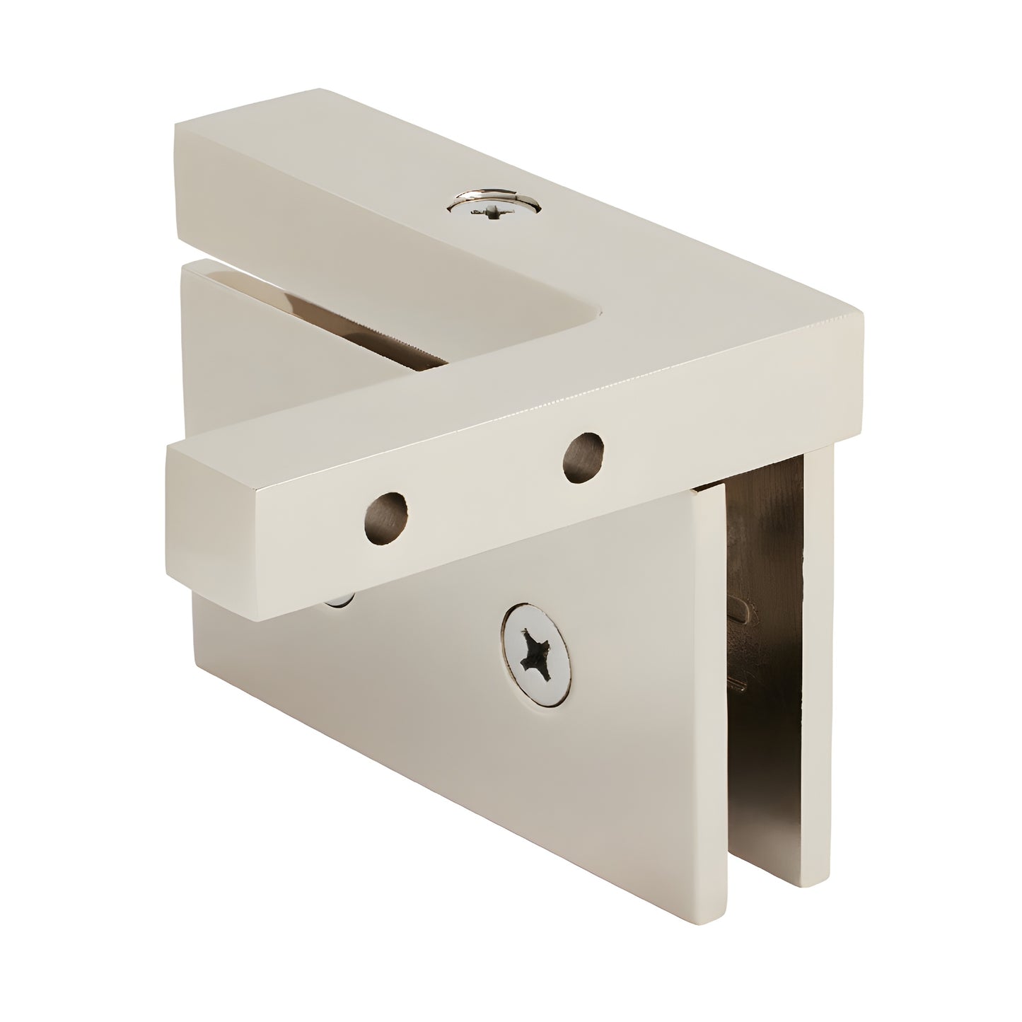 Polished nickel Cardiff left-hand offset pivot hinge for 8-10mm glass, solid brass - SKU CAR05LPN